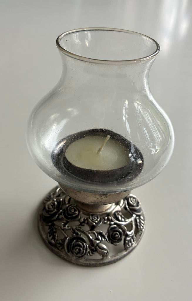 Windlicht | Barok met glas | Hoogte 12 cm, Ophalen of Verzenden, Zo goed als nieuw, Metaal, Grijs