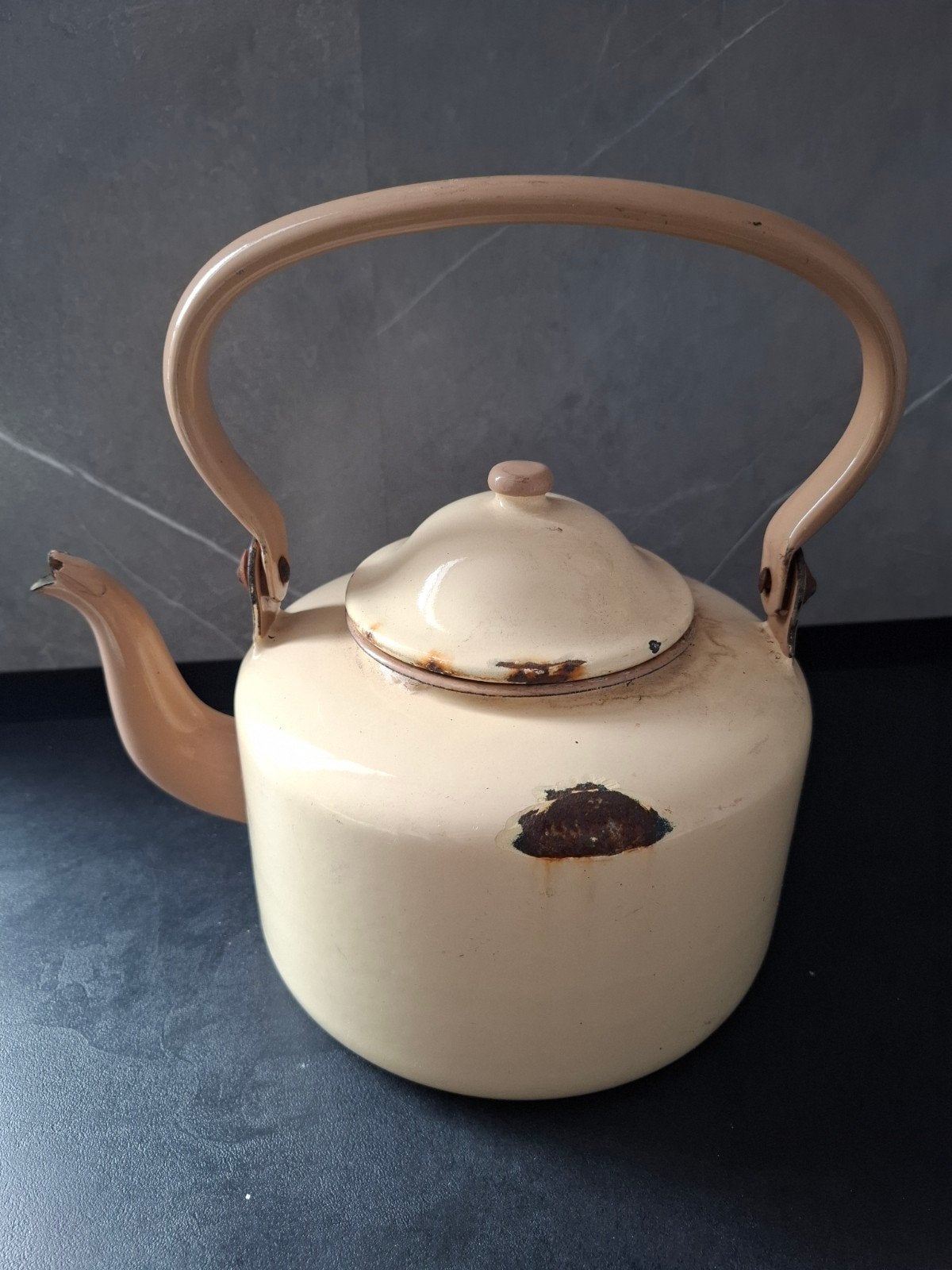 Vintage emaille fluitketel - Crème/beige, Ophalen of Verzenden