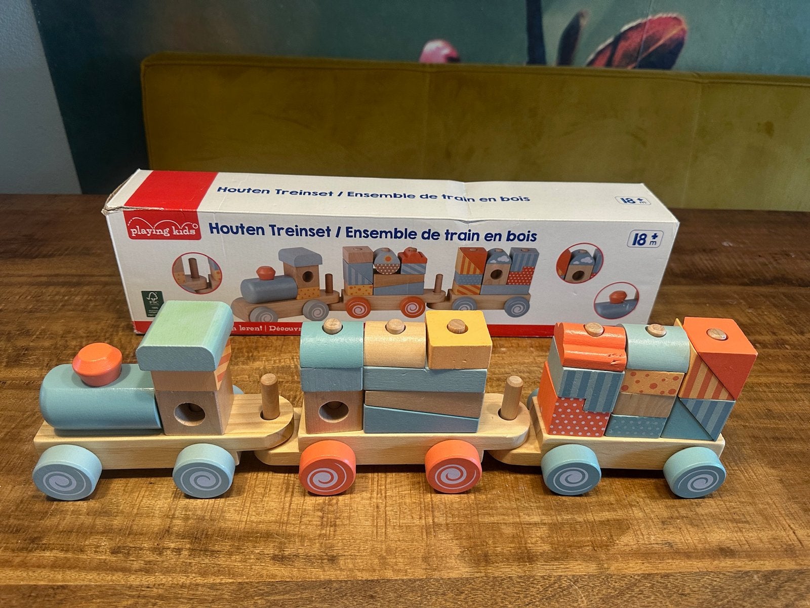 Playing Kids Houten Blokken Treinset - Stapelen & Ontwikkele, Ophalen of Verzenden, Gebruikt, Overige typen, Met wieltjes