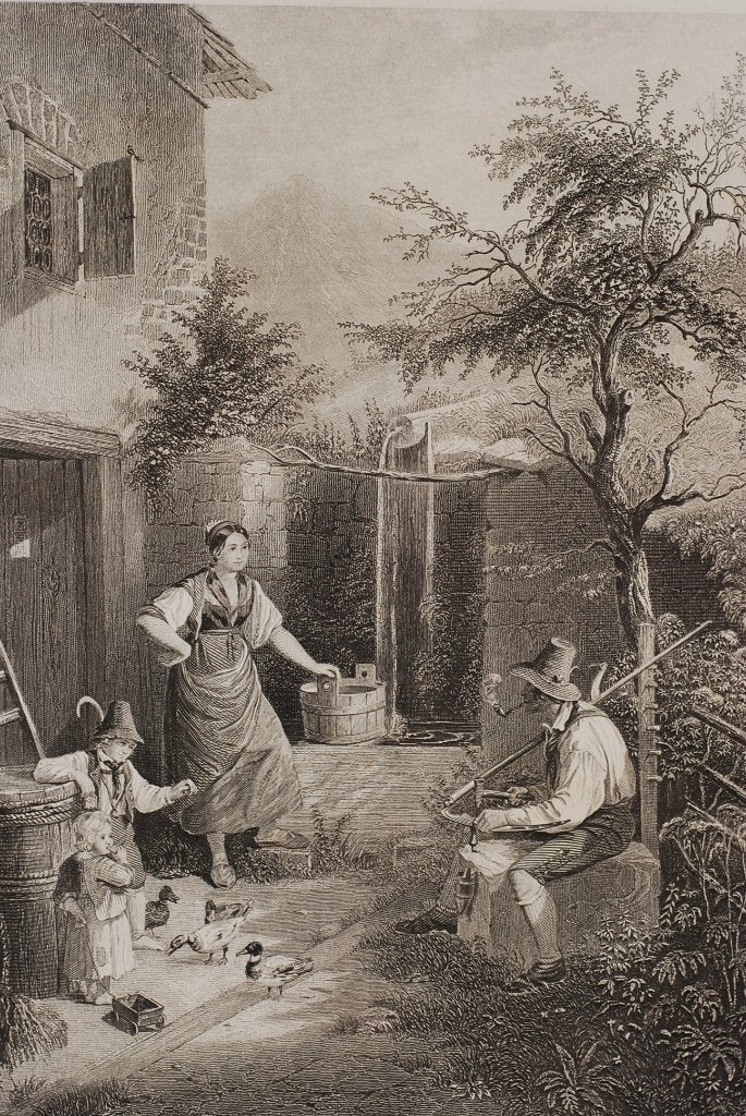 Antieke Gravure 1849: Tiroler Boeren Gezin (Payne), Verzenden, Gravure, 1800 - 1899