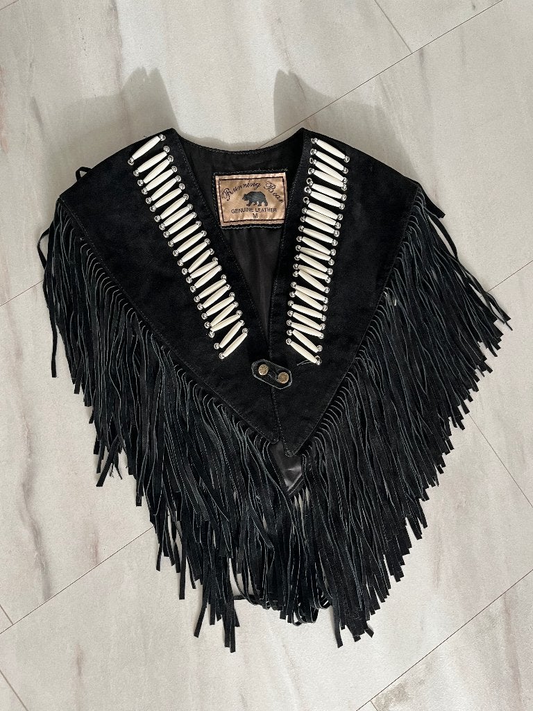 Vintage Fringe leren poncho maat l, Ophalen of Verzenden, Zo goed als nieuw, Maat 42/44 (L), Zwart