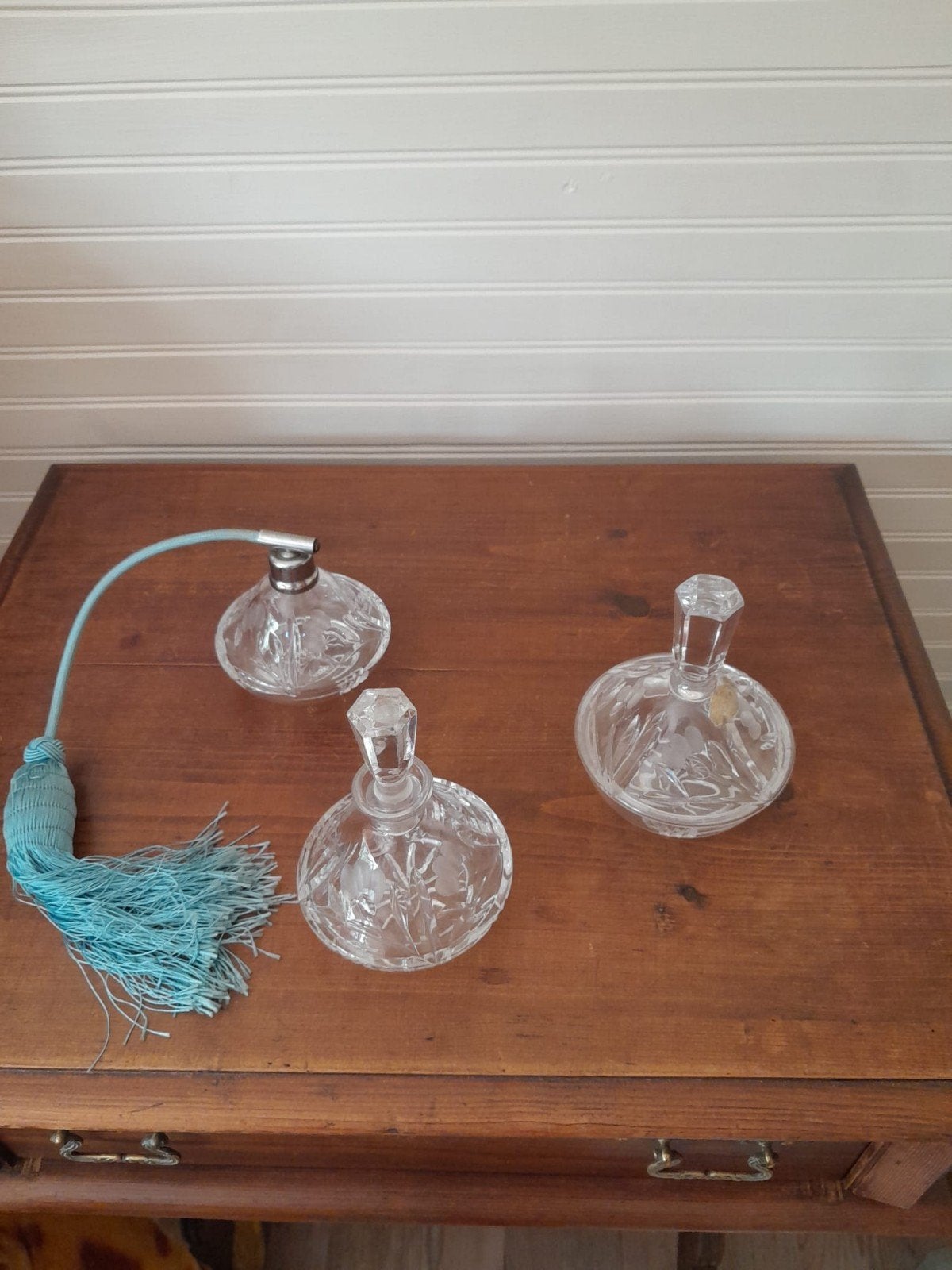 Set van 3 Kristallen Parfumflesjes - Echt Bleikristall, Antiek en Kunst, Ophalen of Verzenden