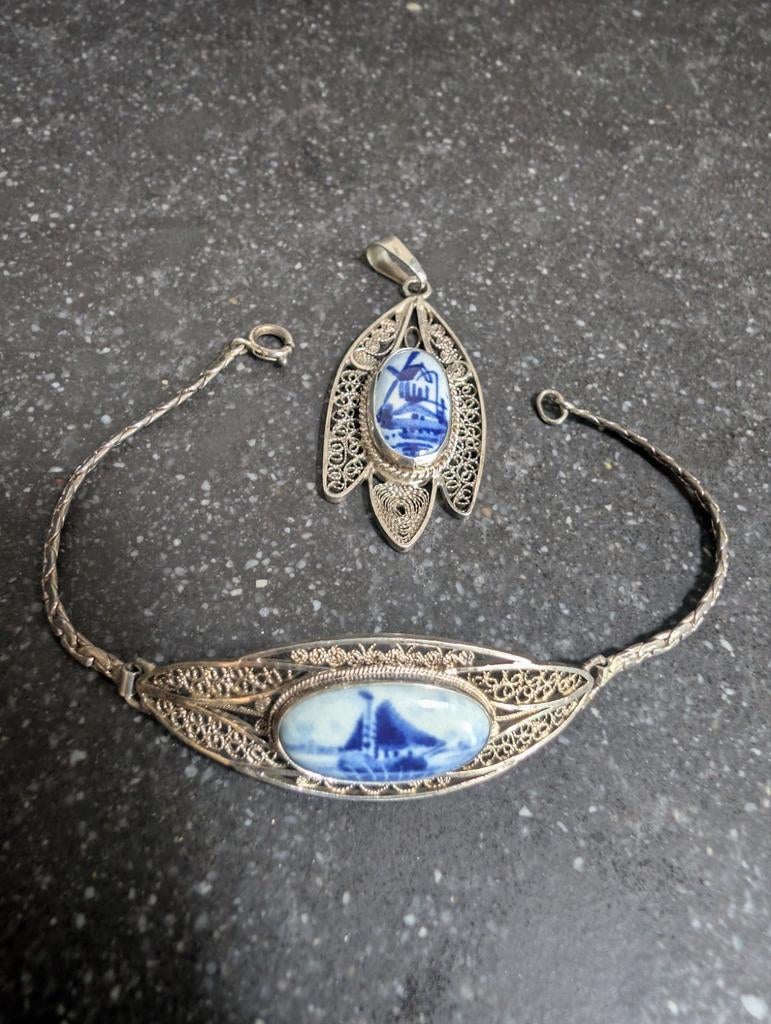 Delfts Blauw Zilveren Hanger en Armband Set 835 Zilver, Ophalen of Verzenden, Blauw, Zilver