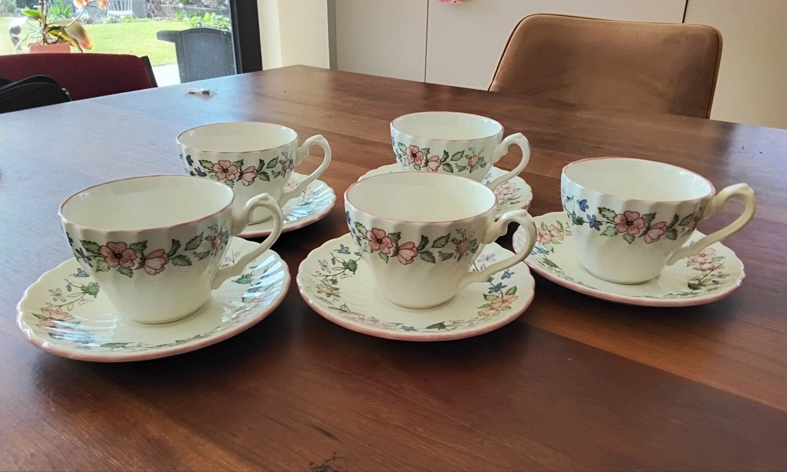 Vintage kop en schotels Myott Meakin, Springfields, 5 stuks, Ophalen of Verzenden, Zo goed als nieuw, Overige stijlen, Kop(pen) en/of Schotel(s)