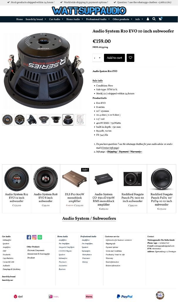 Audio System R10 EVO 10 inch subwoofer Dual 4 ohm, Info@optimount.nl, Nieuw, Ophalen of Verzenden, Anholtseweg 48A 7091 HB DINXPERLO
