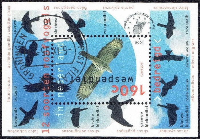 Nederland 1995, roofvogels, blok., Postzegels en Munten, Verzenden, Na 1940, Gestempeld