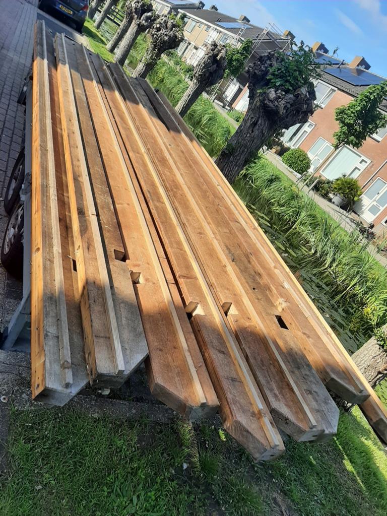 8 houtenbalken compleet dak constructie met paal 441 cm lang, Ophalen, Gebruikt, Balk, Vuren