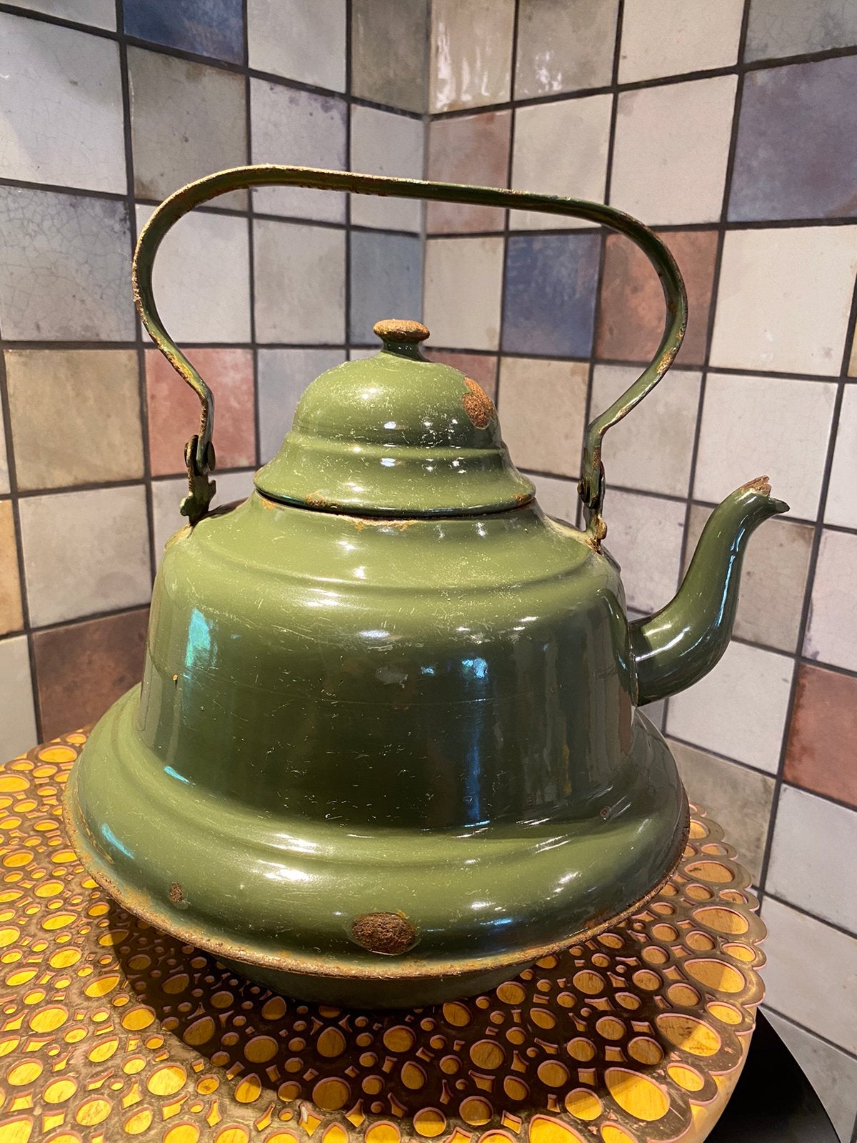 Oude groene vintage thee/waterketel met deksel,buik 28 cm, Antiek en Kunst, Ophalen of Verzenden