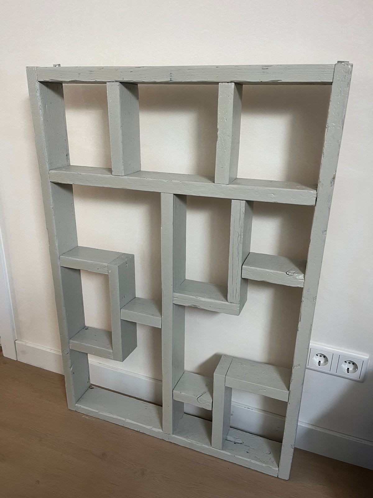 Zwaar steigerhouten wandrek letterbak met vakken grijsblauw, Ophalen, Zo goed als nieuw, Minder dan 150 cm, Minder dan 100 cm