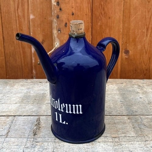 Emaille Petroleum kan blik 1 liter blauw origineel, Antiek en Kunst, Ophalen of Verzenden