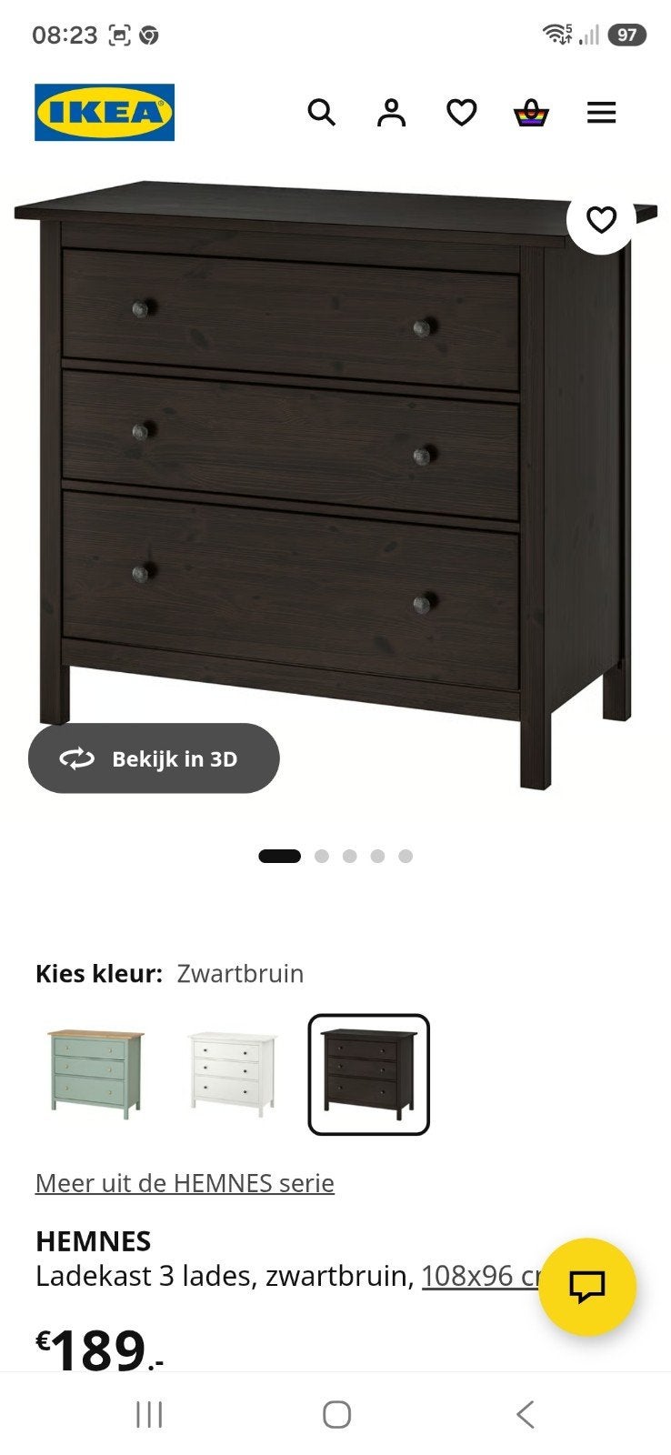 IKEA HEMNES ladekast zwartbruin - 3 laden, Huis en Inrichting, Kasten | Ladekasten, Grenenhout, Ophalen