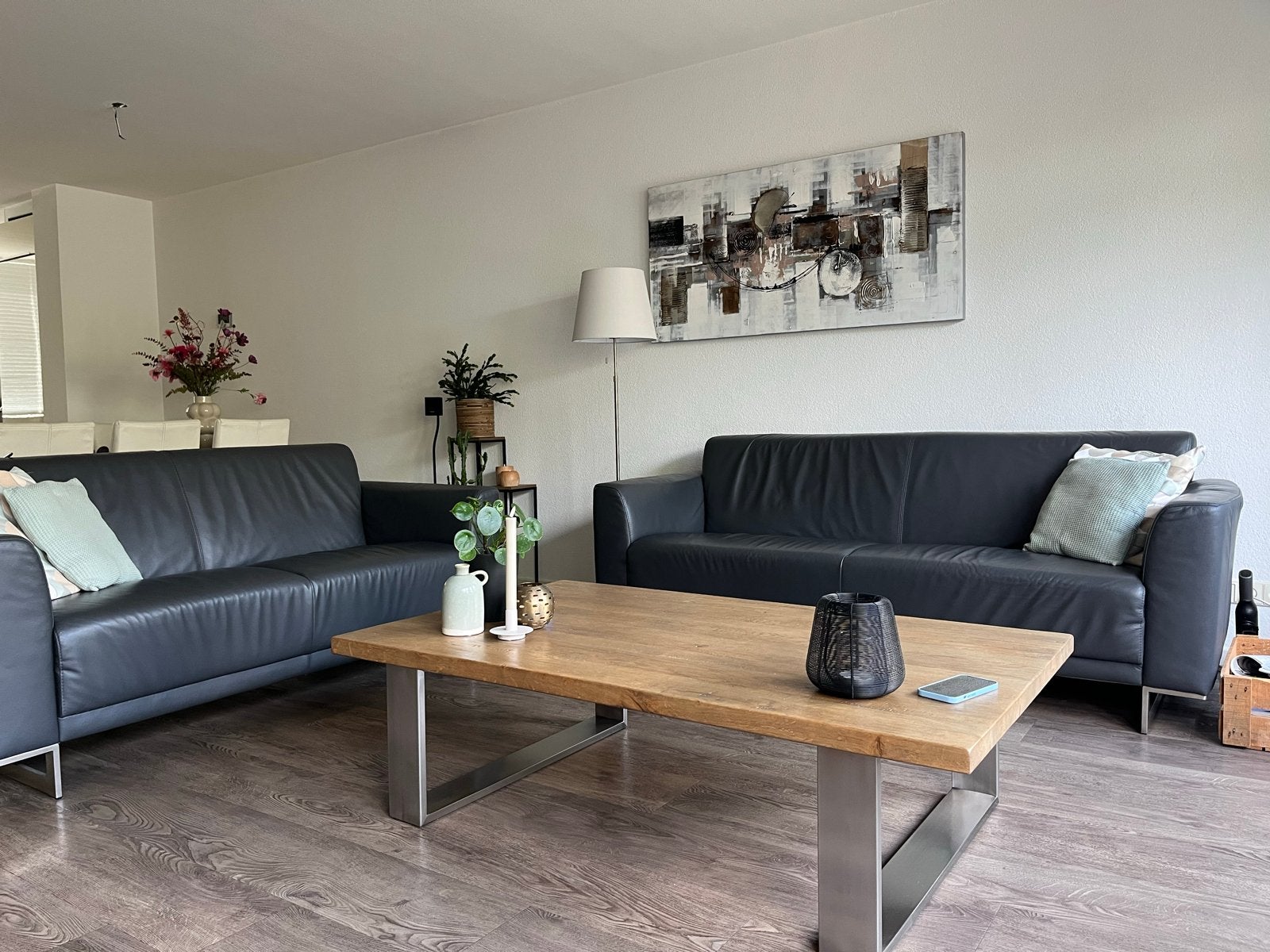 Eiken Salontafel Rofra Home - RVS onderstel 85x140, Huis en Inrichting, Ophalen, 100 tot 150 cm, Eikenhout, 50 tot 100 cm