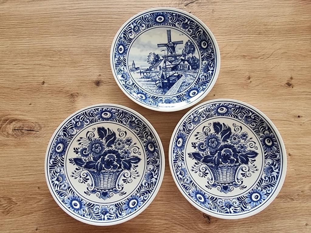Set van 3 Delfts Blauwe Wandborden - Molen & Bloemen, Antiek en Kunst, Antiek | Wandborden en Tegels, Ophalen of Verzenden