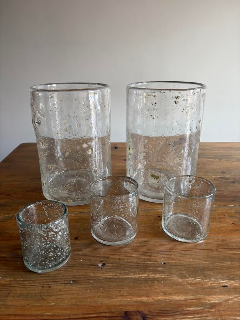 Set van 5 bubbelglas/flakes robuust glazen windlichten, Overige materialen, Overige kleuren, Ophalen of Verzenden, Zo goed als nieuw