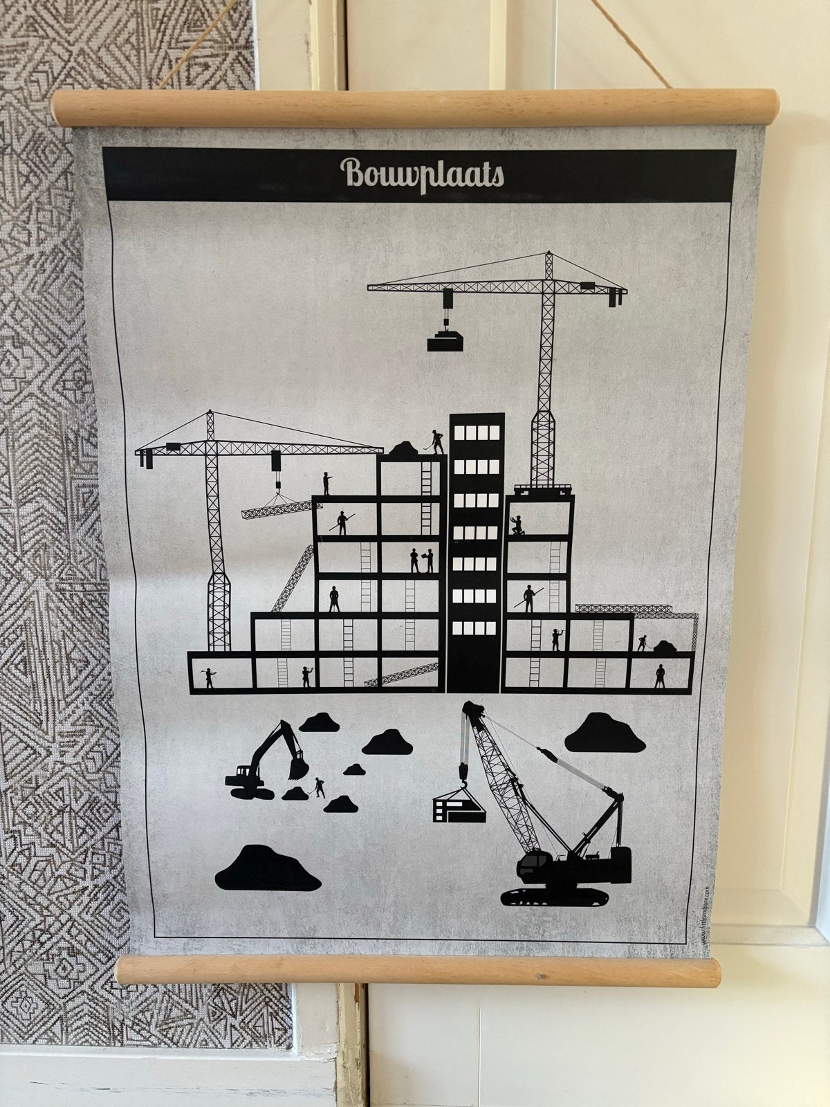 Schoolplaat Bouwplaats & Werktuigen - Kinderkamer, Ophalen, Zwart, Zo goed als nieuw, Met ophangsysteem