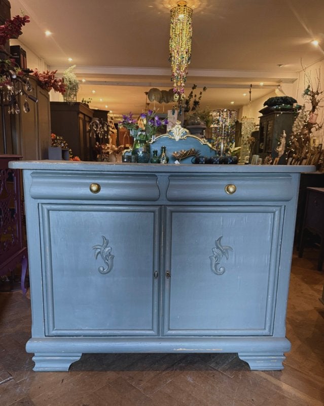 Antiek dressoir, vintage kast, stoer buffet olijfgroen VdlM, Ophalen, Zo goed als nieuw, Brocante kastje unieke oude commode oud groen