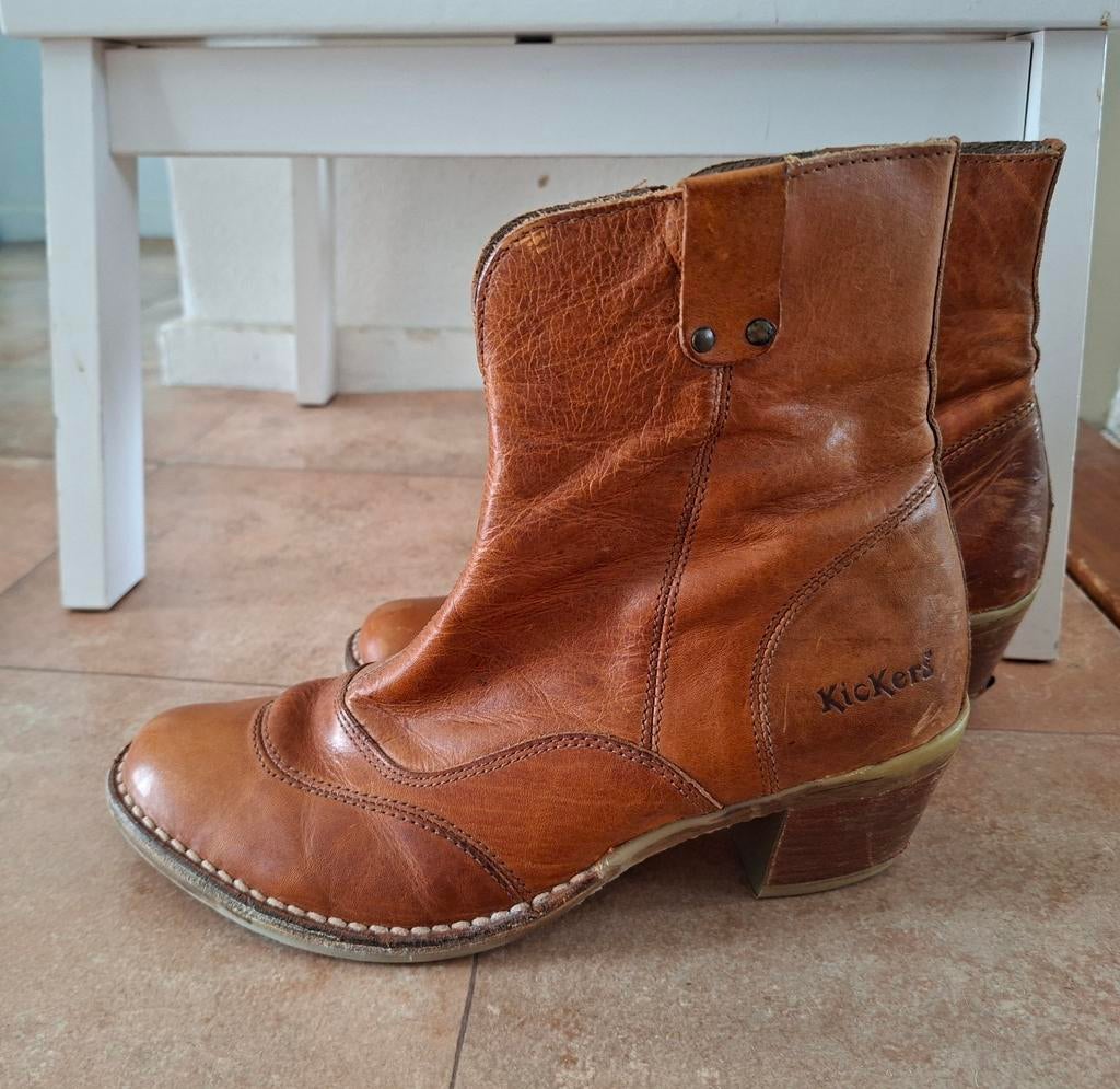 Vintage Kickers leren laarsjes  maat 38, vallen smal, Bruin, Lage of Enkellaarzen, Ophalen of Verzenden, Kickers