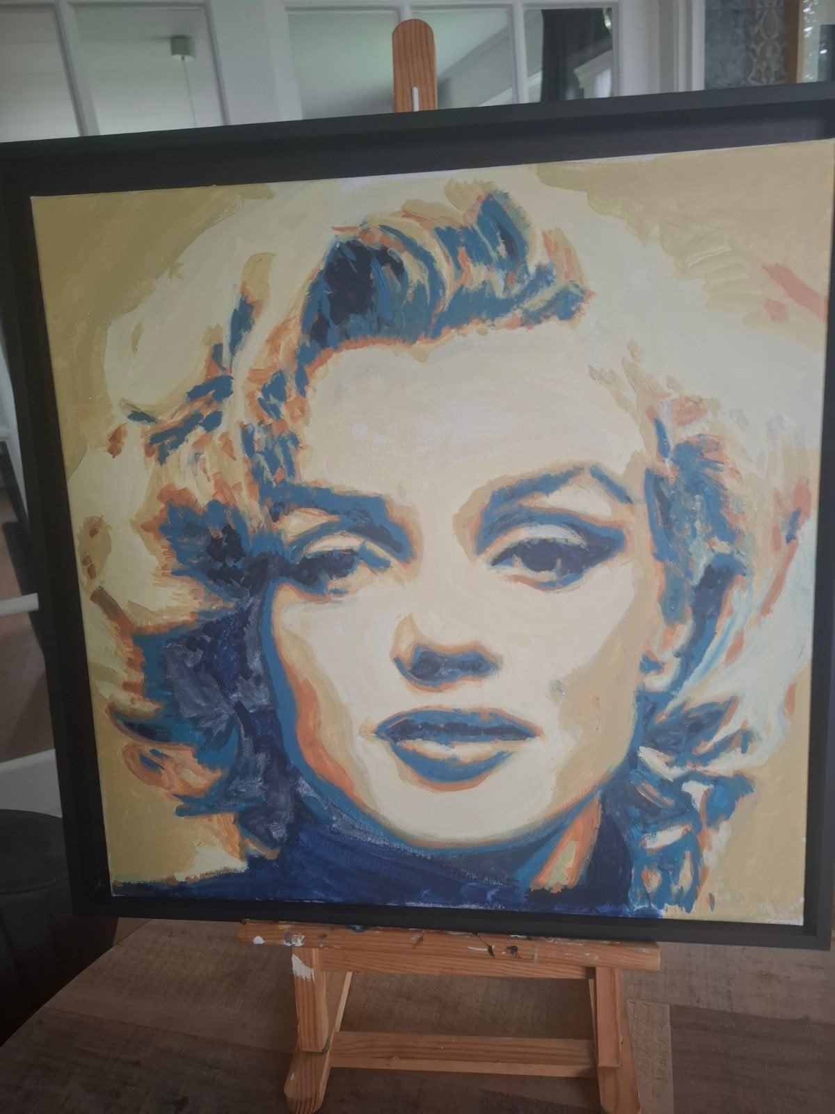 Schilderij Marilyn Monroe kleuren blauw met oranje 40x40, Antiek en Kunst, Gesigneerd, Acrylverf, Film, Ophalen of Verzenden