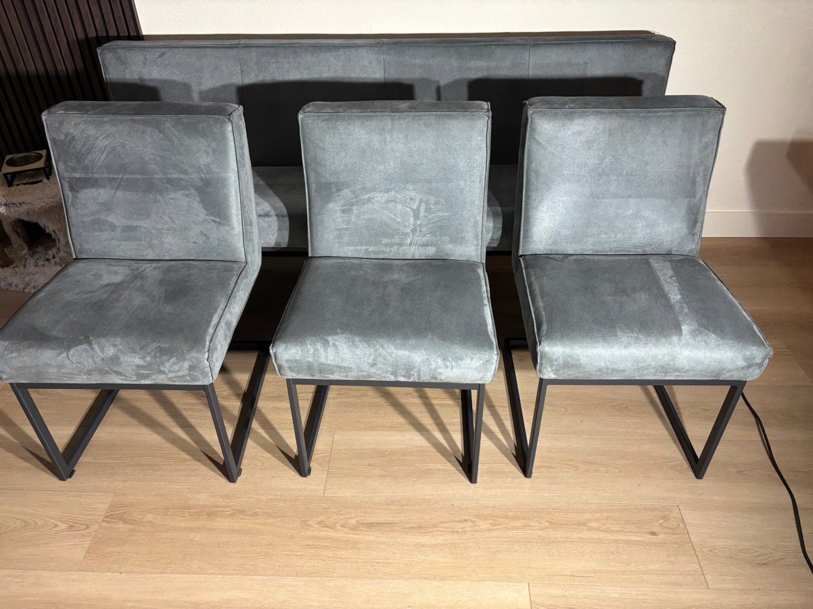 In top staat, 4-zits eetbank 195 cm en 3 eetkamerstoelen, Huis en Inrichting, Gebruikt, Drie, Blauw, Ophalen of Verzenden