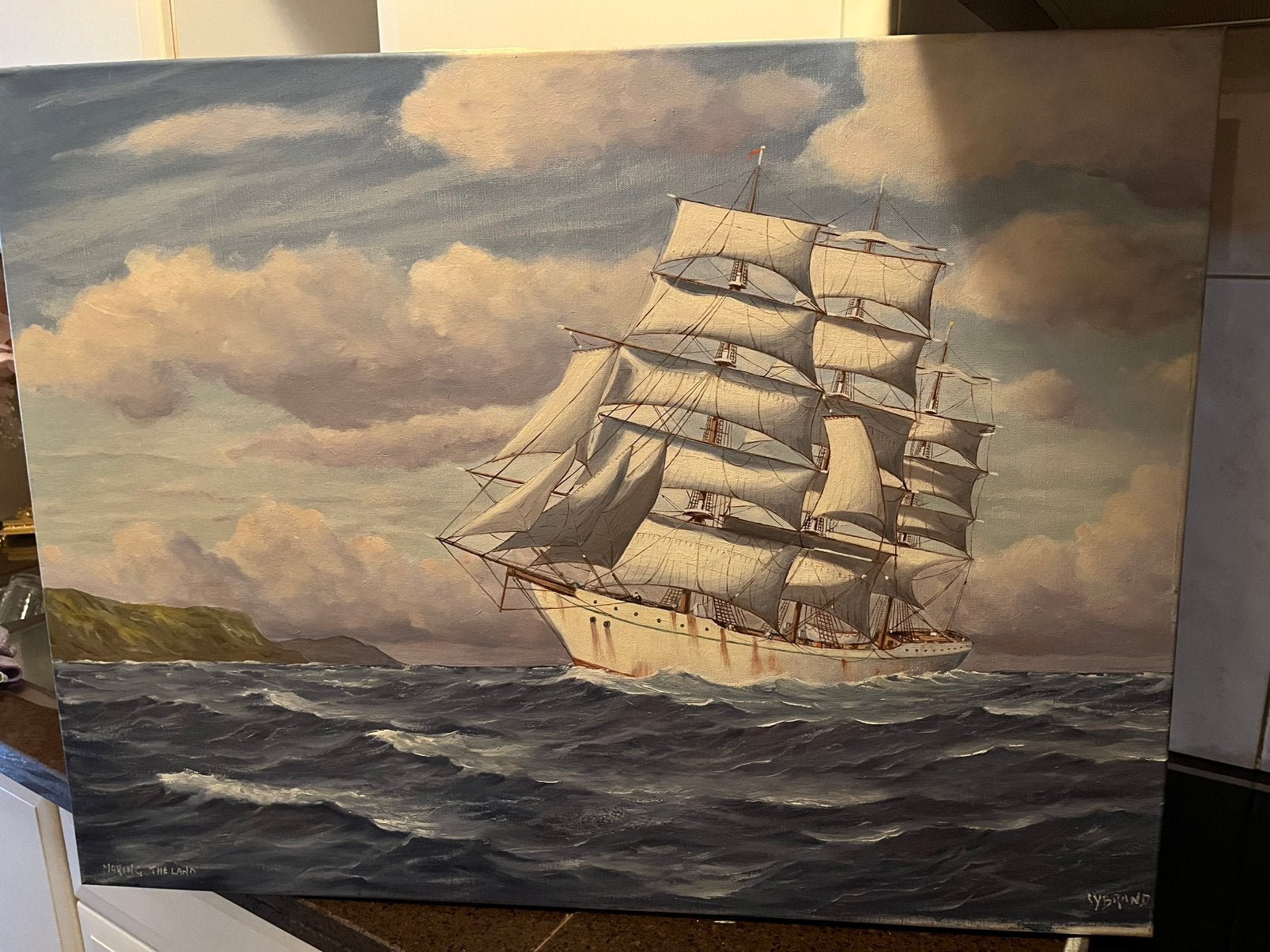 Groot olieverf zee met boot schilderij, Antiek en Kunst, Ophalen