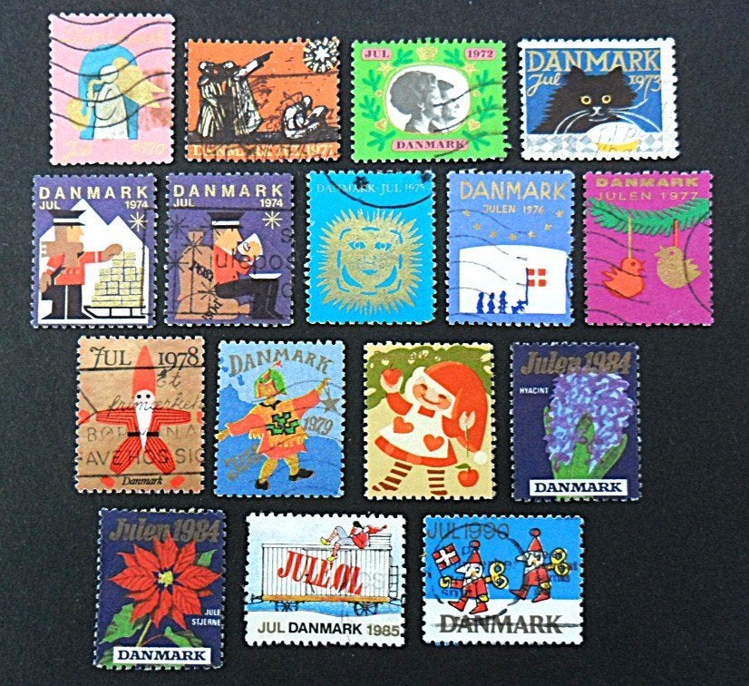 Denemarken - JUL weldadigheidszegels 16 stuks 1970-1990, Ophalen of Verzenden, Overige thema's