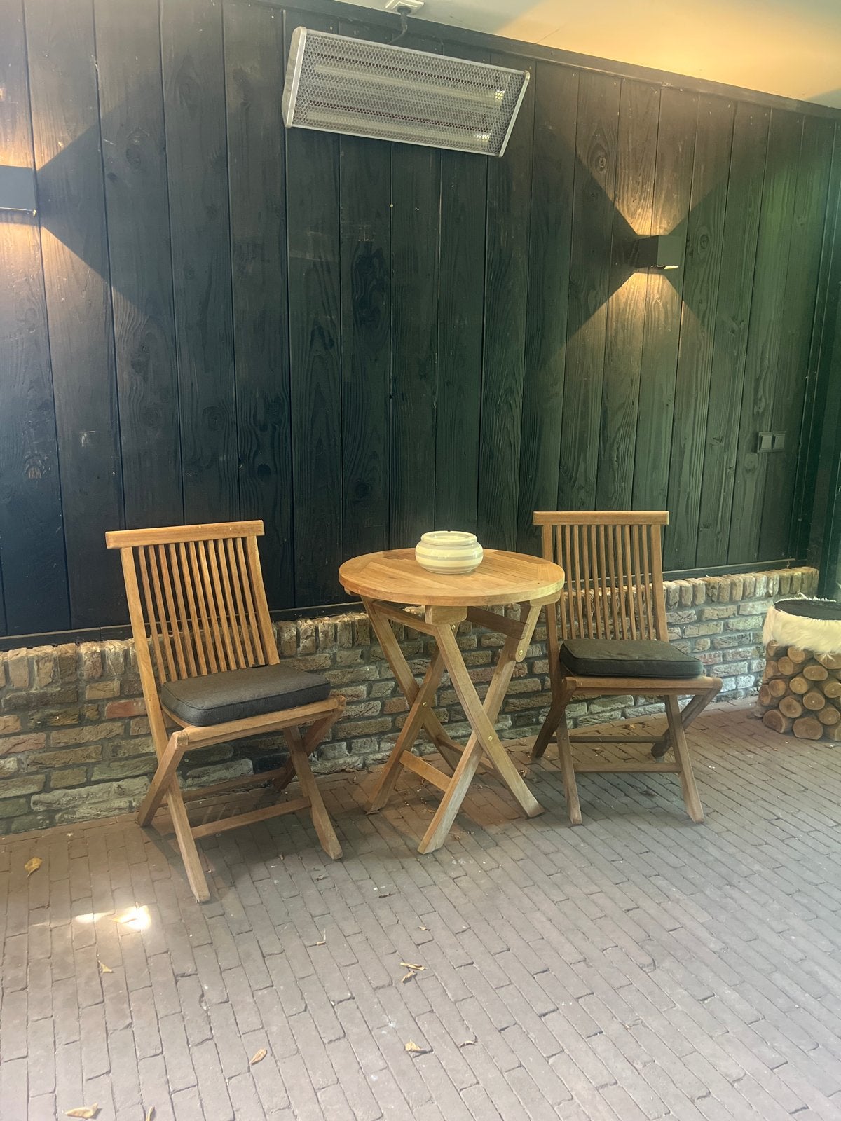 Teakhouten bistroset met 2 stoelen en ronde tafel, Tuin en Terras, Tuinstoelen, Ophalen, Gebruikt, Teakhout, Inklapbaar
