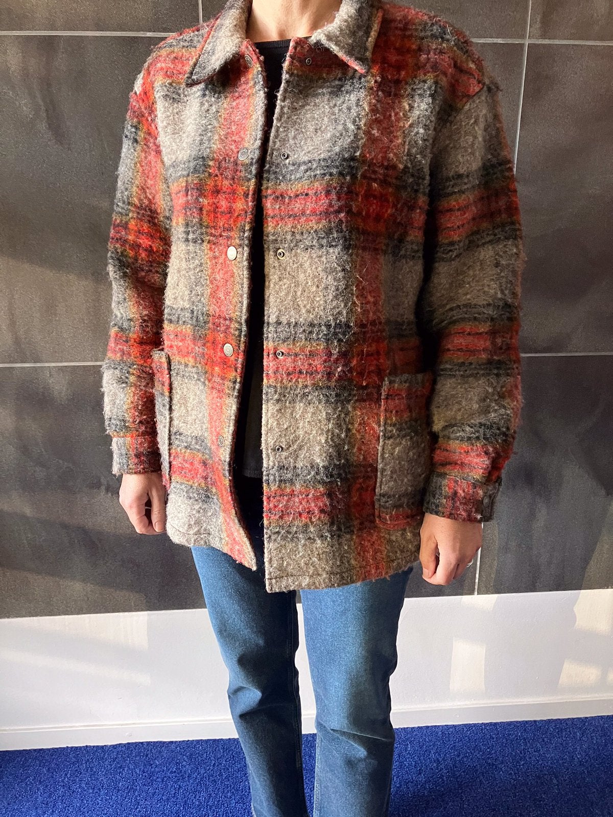 American Vintage geruite wollen jas in tartan ruit, maat M/L, Ophalen of Verzenden, Gedragen