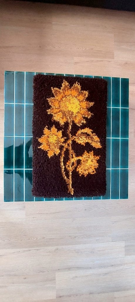 Vintage Smyrna Wandkleed Zonnebloemen 70s 45 x 73 cm, Eu, Eu, Wandhanger, Vintage