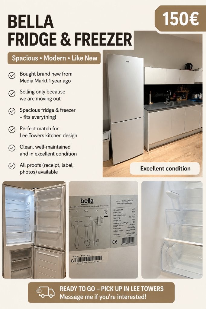 Bella Fridge and Freezer, 200 liter of meer, Zo goed als nieuw, 45 tot 60 cm, Met vriesvak