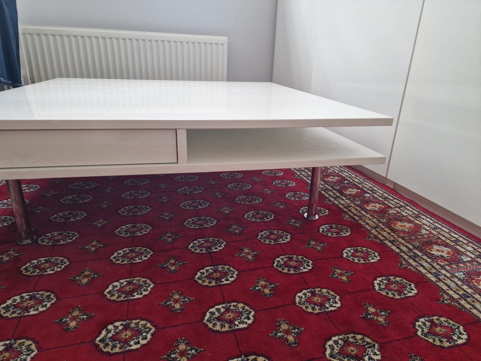Witte hoogglans salontafel 95x95 cm met 2 lades, Ophalen, Overige materialen, 50 tot 100 cm, Vierkant