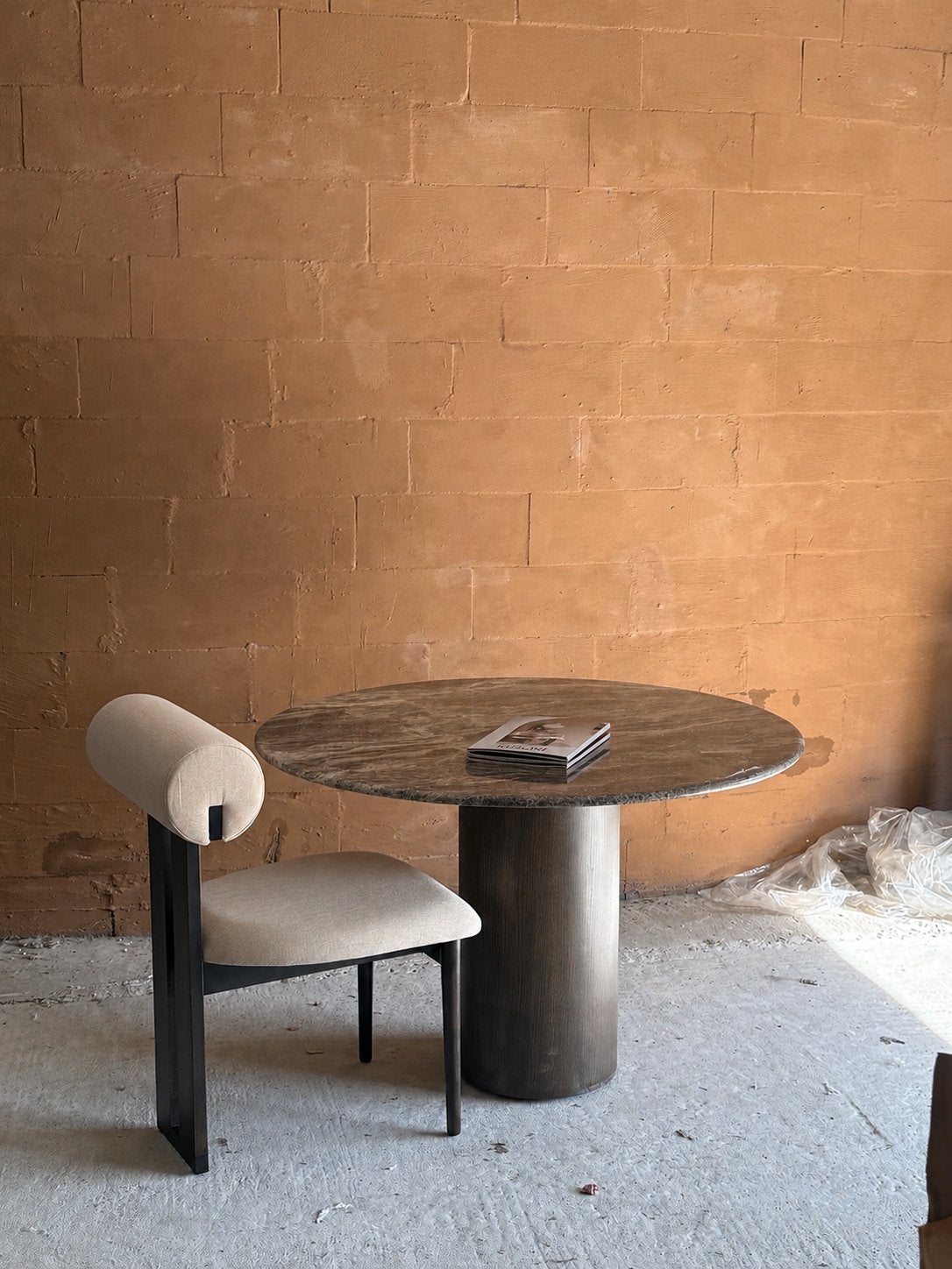Marmeren Eettafel rond met 6 Japandi Designstoelen, 100 tot 150 cm, Rond, Nieuw, Ophalen of Verzenden