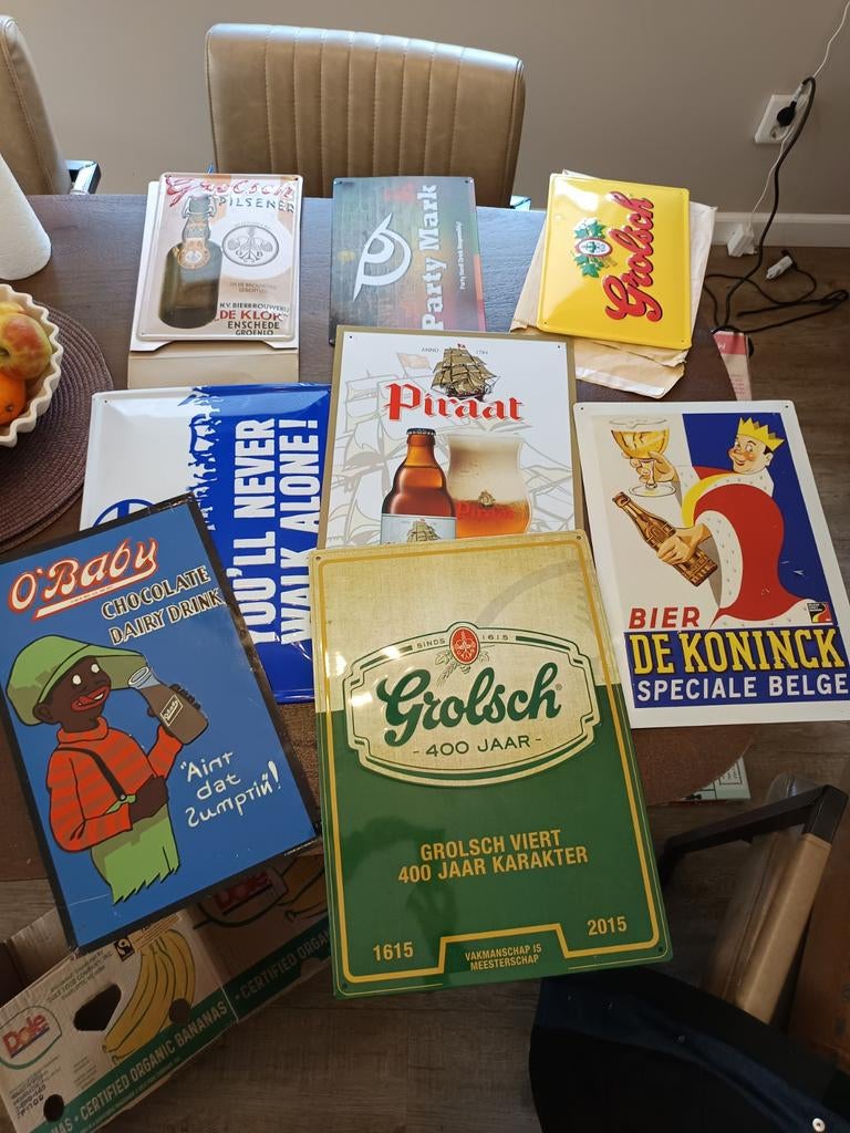 Verzameling metalen reclameborden: Grolsch, Piraat etc., Ophalen of Verzenden, Gebruikt, Reclamebord