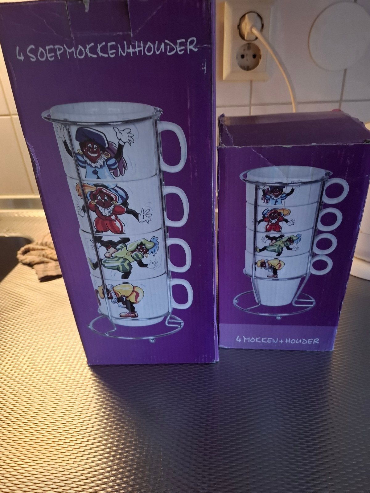 4 Soepmokken + Houder - Sinterklaas Zwarte Piet, Diversen, Sinterklaas, Gebruikt, Ophalen of Verzenden