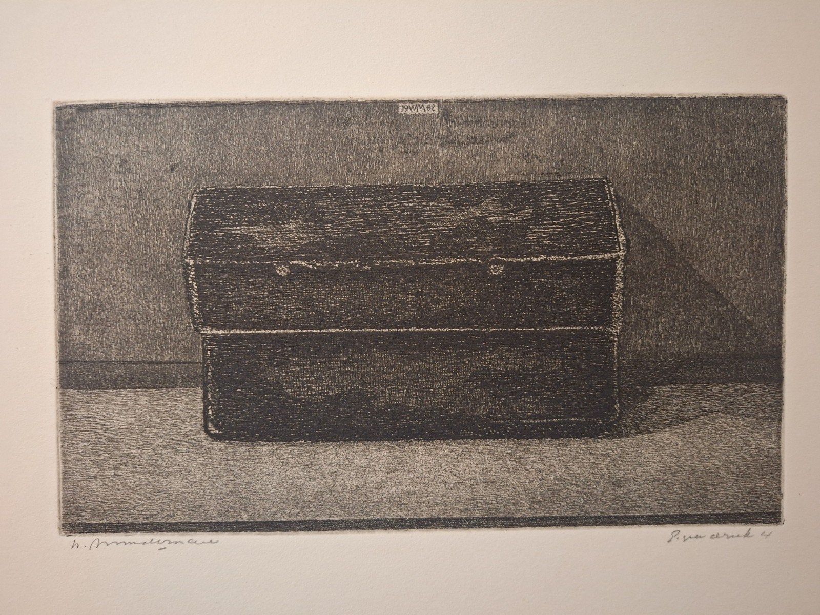 Ets 'Kistje' door willem  Minderman, Dagelijks leven, Ophalen of Verzenden, Gesigneerd, 1950 - 1999