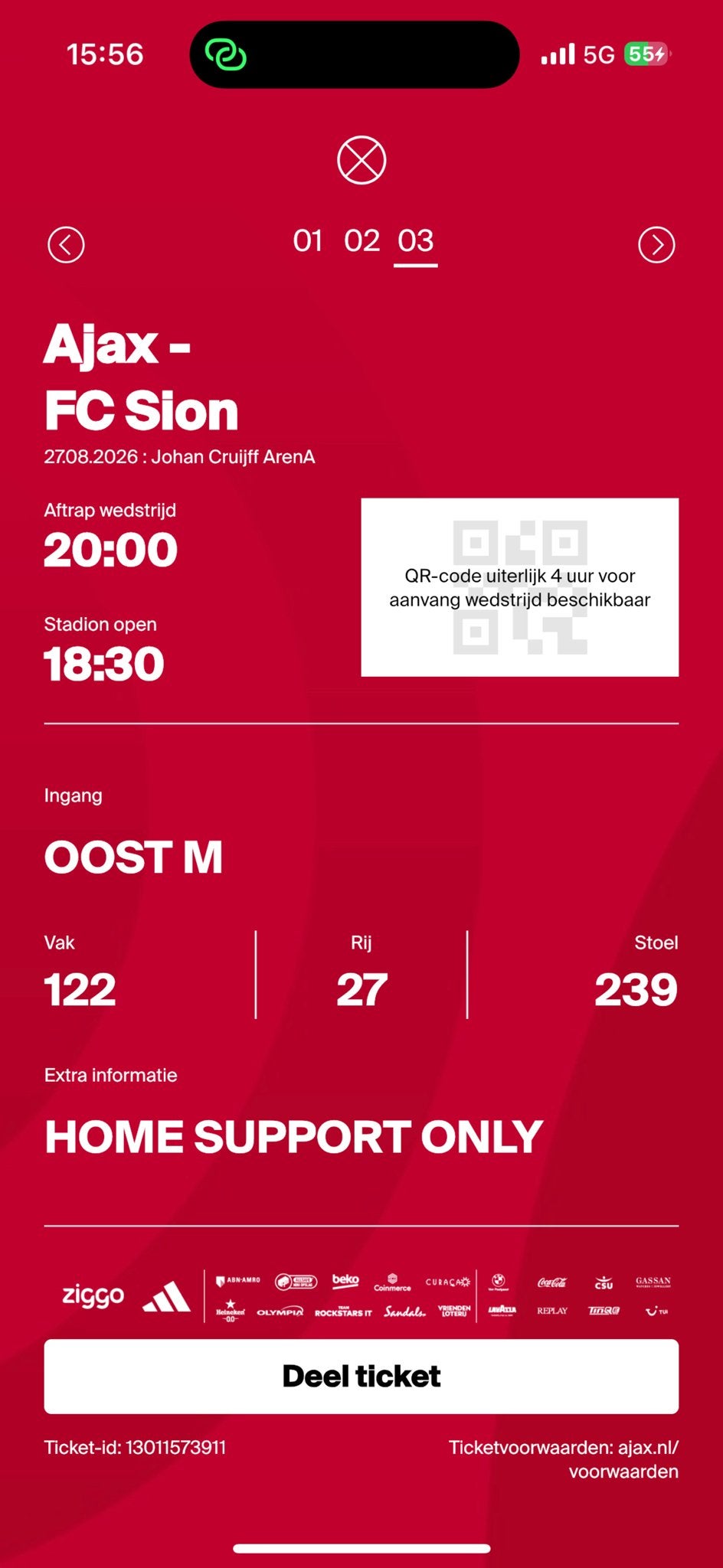 Ajax – FC Sion | 3 tickets | €69,99 p stuk | VAK 120/122|122, Tickets en Kaartjes, Drie personen of meer