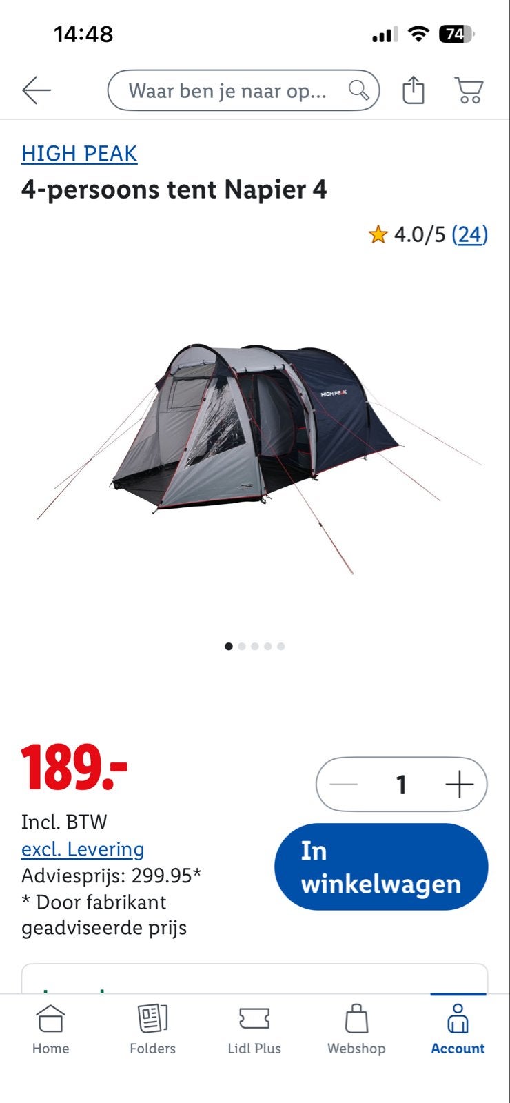 High Peak Napier 4-persoons tent - Ideaal voor kamperen, Ophalen of Verzenden, Nieuw, Tot en met 4