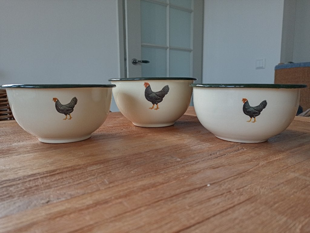 3 emaille schaaltjes creme met kip, Antiek en Kunst, Ophalen of Verzenden