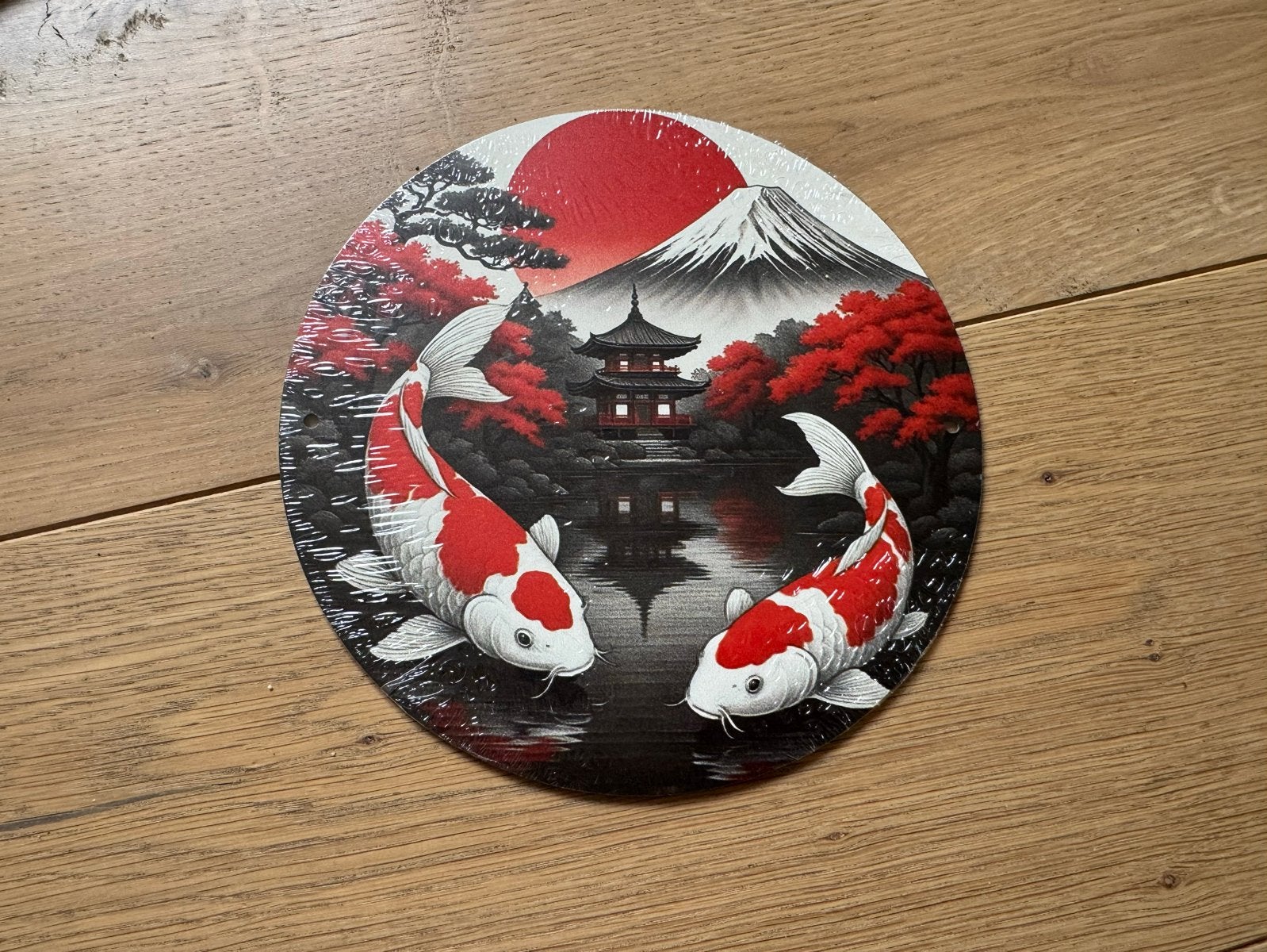 Wanddecoratie Koi Karpers en Japanse Tempel, Metaal, Oosters, Meerkleurig, Nieuw
