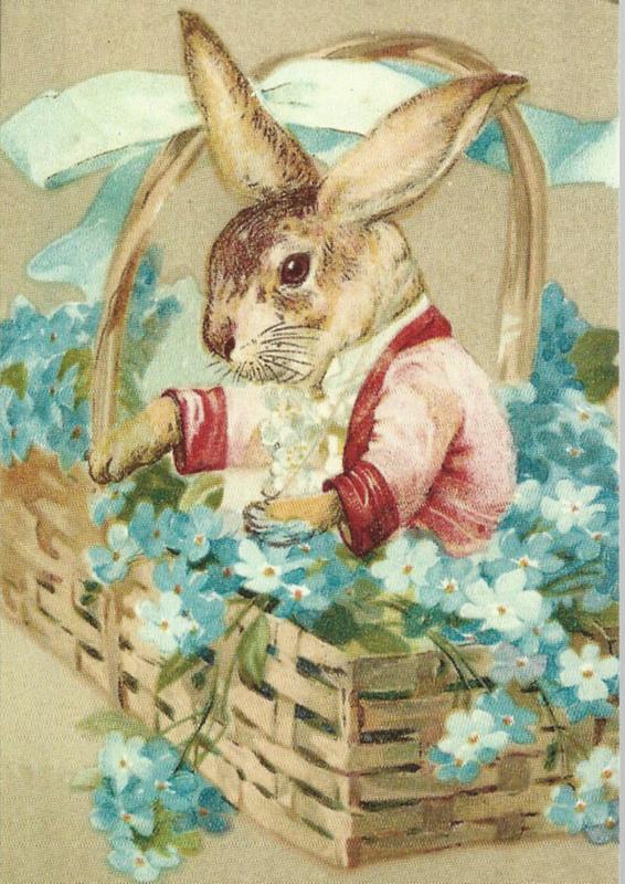 Pasen prentbriefkaart: Paashaas in Mandje bloemen {47}, Verzenden, 1980 tot heden, Ongelopen, Feest(dag)