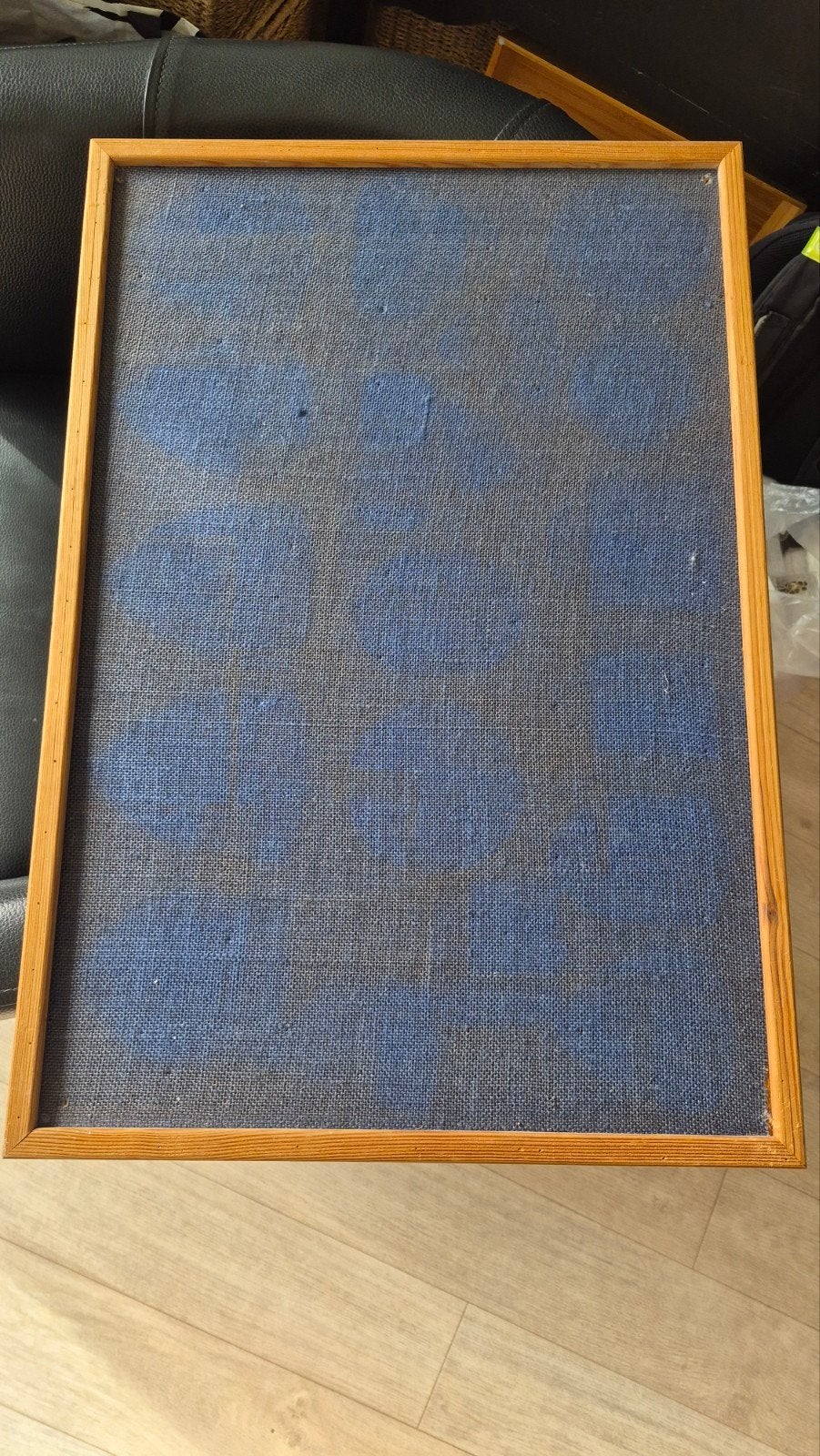 Vintage blauw/grijs prikbord in houten lijst, Ophalen, Gebruikt