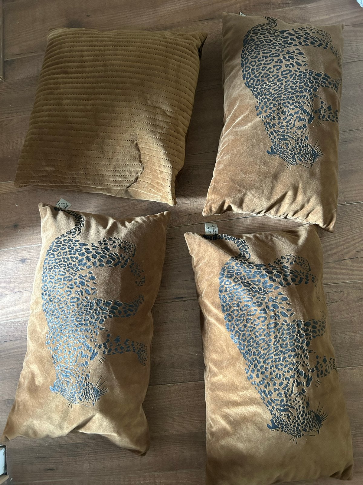 Set van 4 sierkussens met luipaardprint en ribfluweel, Ophalen, Gebruikt, Bruin, Met print