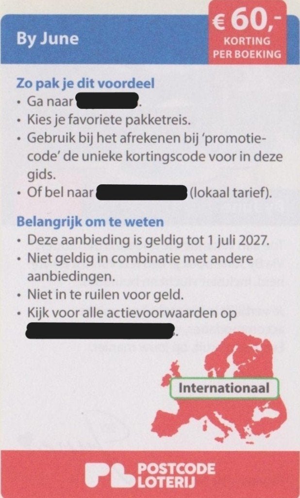By June. € 60,- korting. Postcodeloterij kortingsbon., Drie personen of meer, 3 overnachtingen of meer