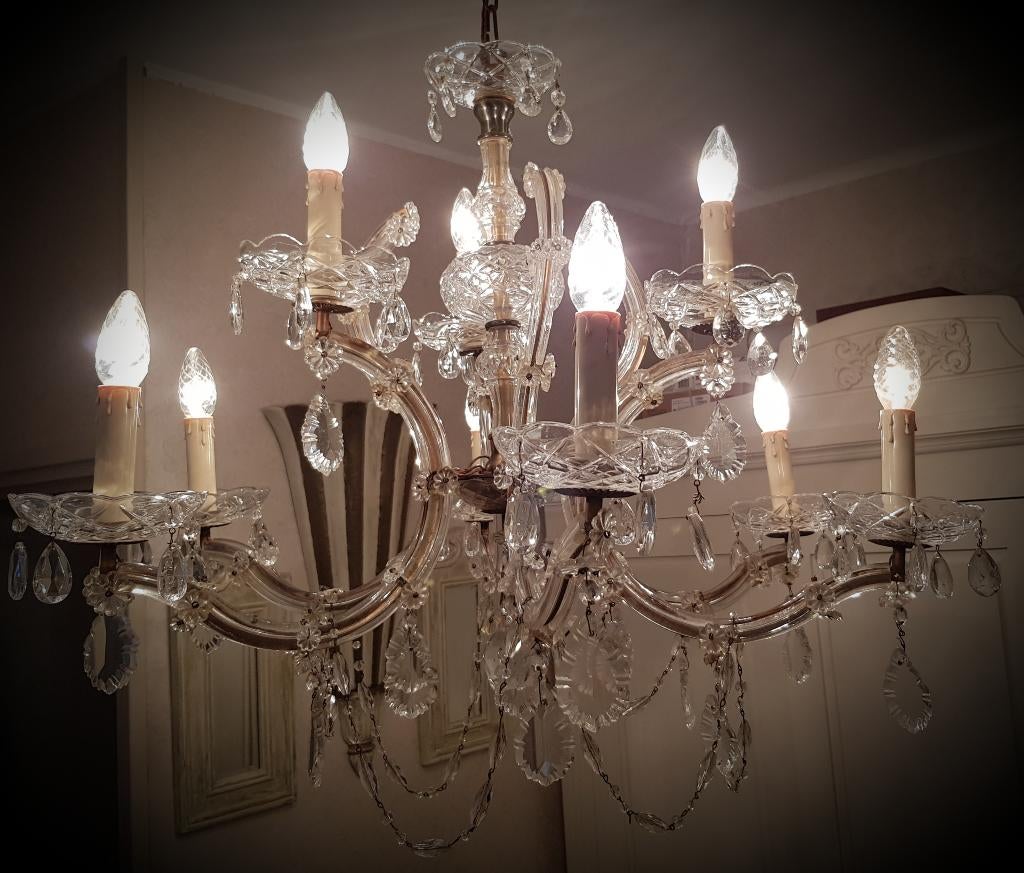 Dubbele 9 arms kristallen kroonluchter, Huis en Inrichting, Lampen | Kroonluchters, Ophalen, Zo goed als nieuw, Glas, Brocante