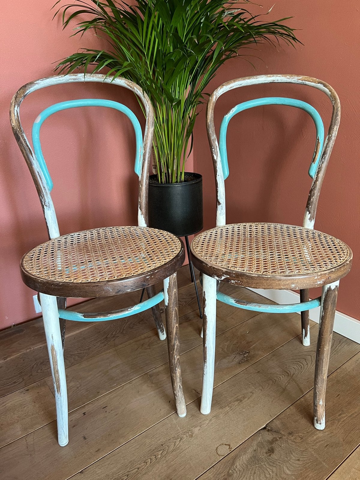Set van 2 Thonet style stoelen (Radomsko) met rotan zitting, Ophalen
