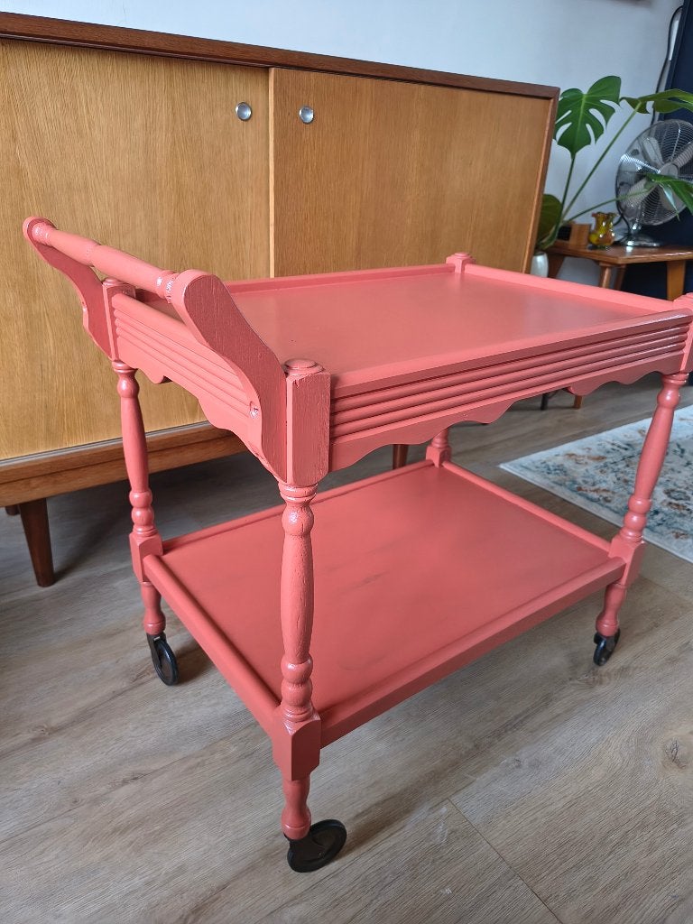 Vintage bar cart / serveerwagen – Koraalroze, Huis en Inrichting, 45 tot 60 cm, Minder dan 55 cm, Onbekend, Ophalen of Verzenden
