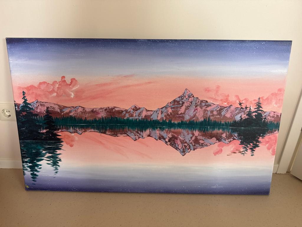 Schilderij: Bergen, Meer en Zonsondergang, Ophalen