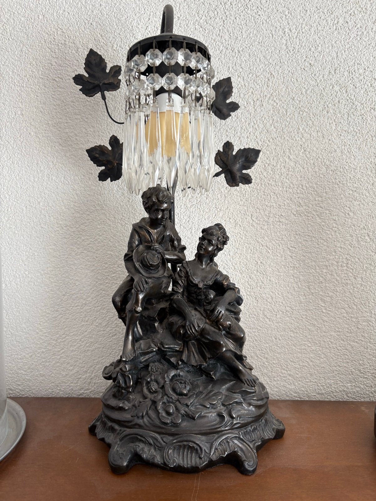 Antieke Tafellamp met Kristal en Bronzen Beeld, Ophalen