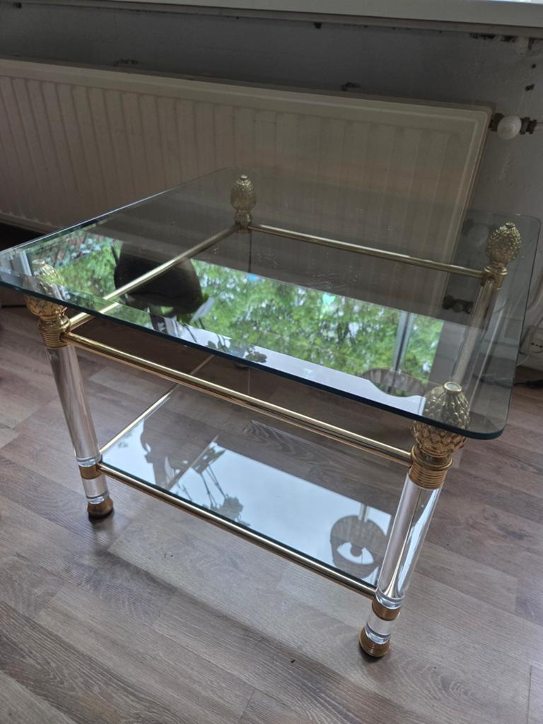 Messing glas bijzettafel 60x60, Huis en Inrichting, Tafels | Bijzettafels, 45 tot 60 cm, Vierkant, Glas, 55 tot 75 cm