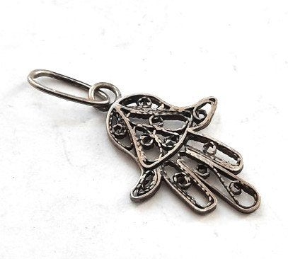 Hand van Fatima, klein vintage filigrain zilveren hanger, Ophalen, Zo goed als nieuw, Zilver, Zilver