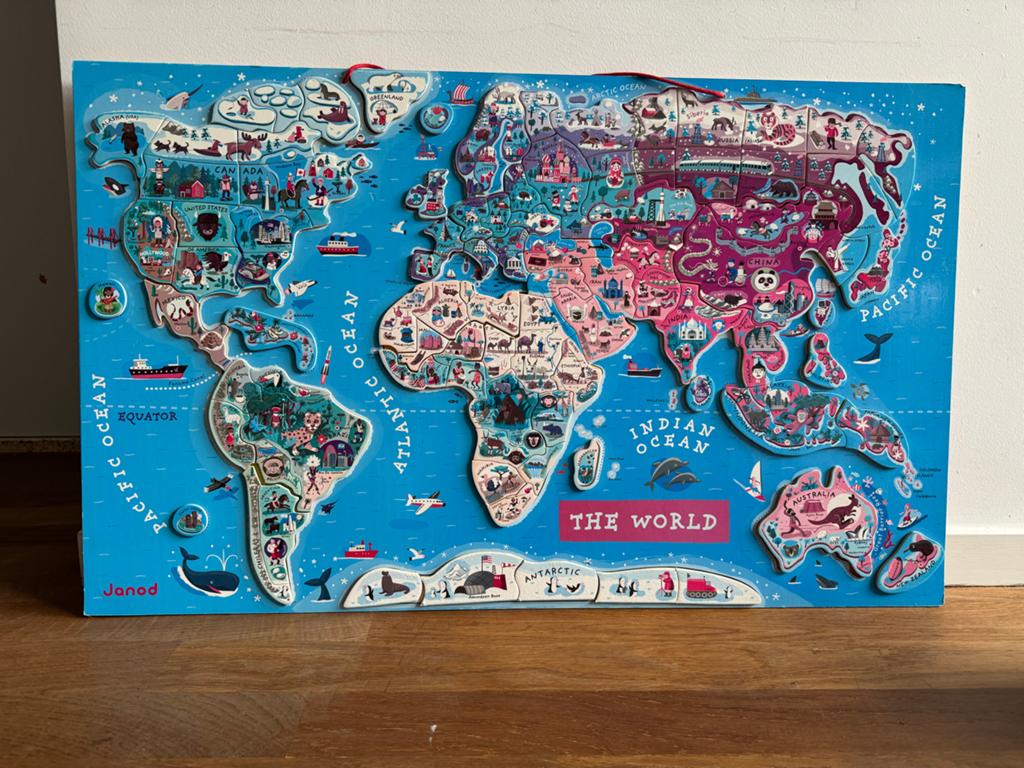 Janod Magneetpuzzel Wereldkaart - Compleet, Ophalen, Gebruikt, Meer dan 50 stukjes, Van hout